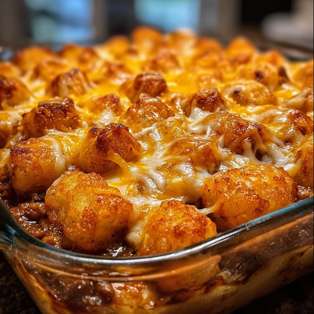 Delicious Chili Cheese Tater Tot Casserole topped with melted cheese