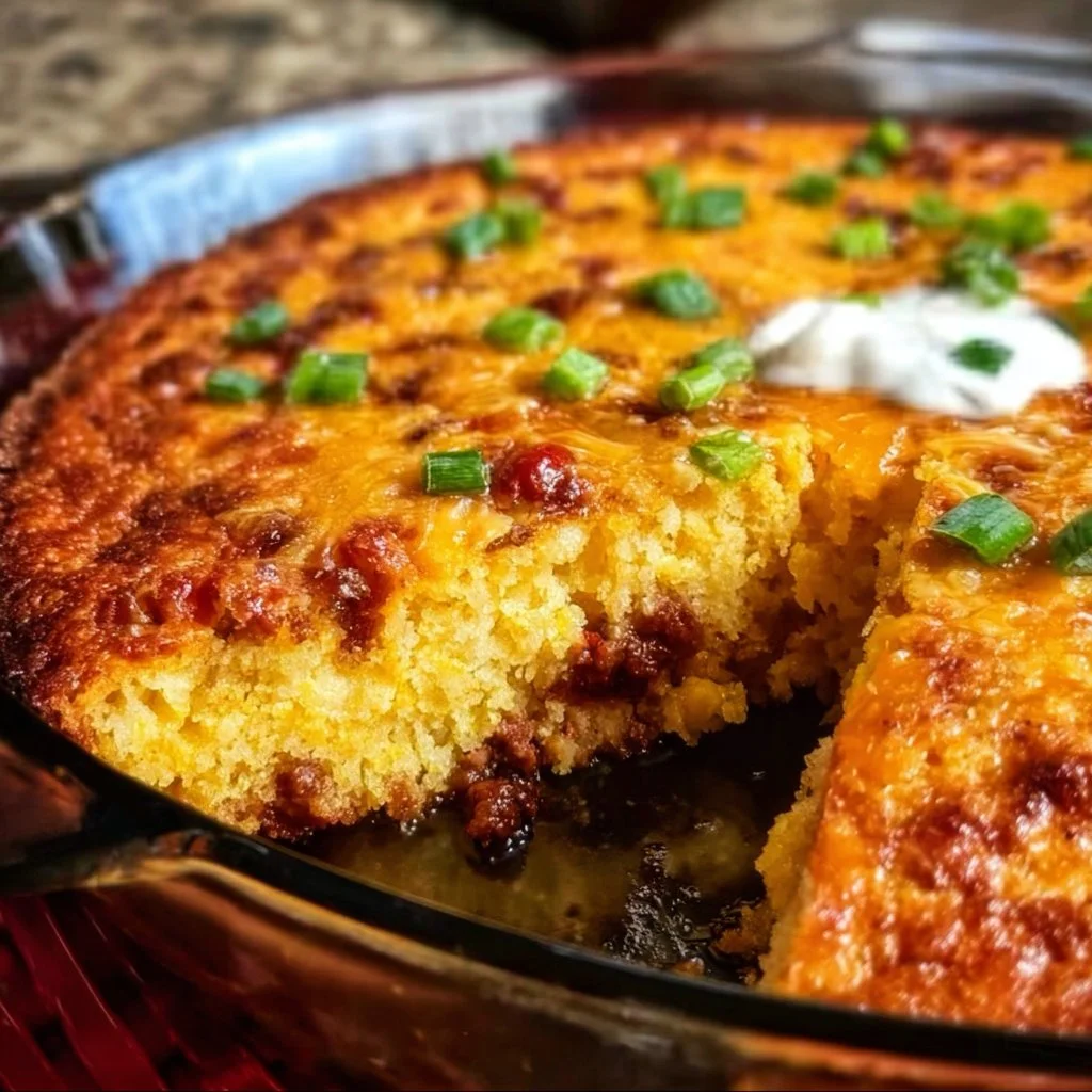 Delicious Chili Cornbread Bake served in a rustic dish with ingredients
