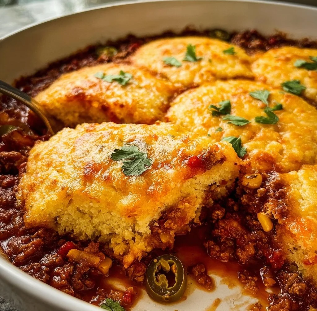 Delicious chili cornbread casserole dish ready to be served