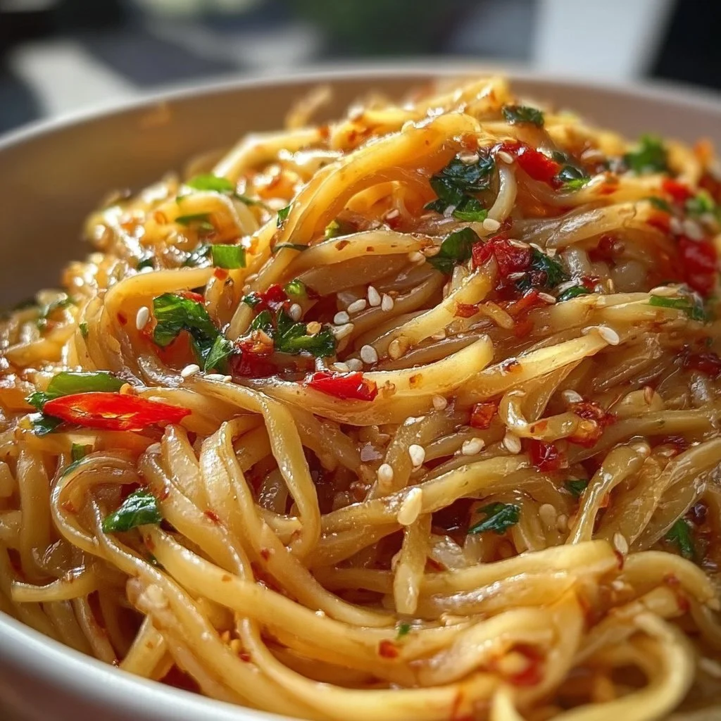 Delicious bowl of Chili Garlic Noodles garnished with fresh herbs and chili flakes