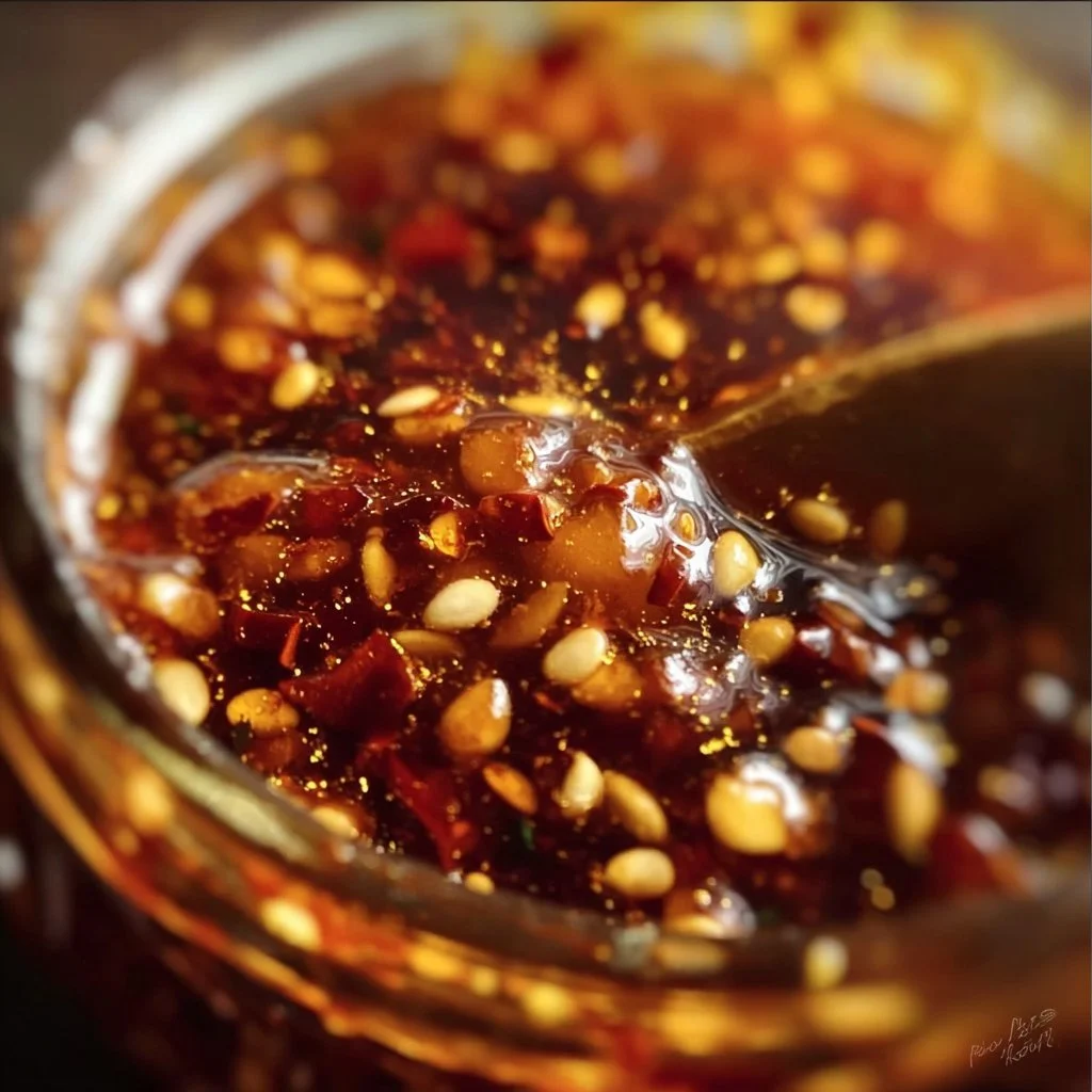 Bowl of homemade Chili Garlic Sauce with fresh ingredients on a wooden table