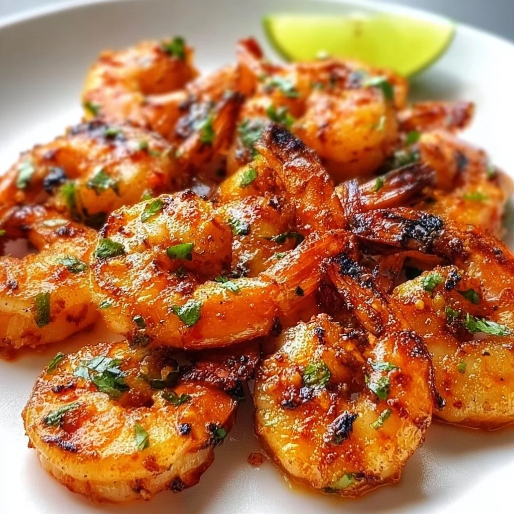 Plate of chili lime shrimp garnished with lime slices and cilantro