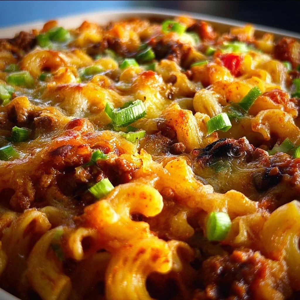 Delicious Chili Mac Casserole topped with cheese and herbs