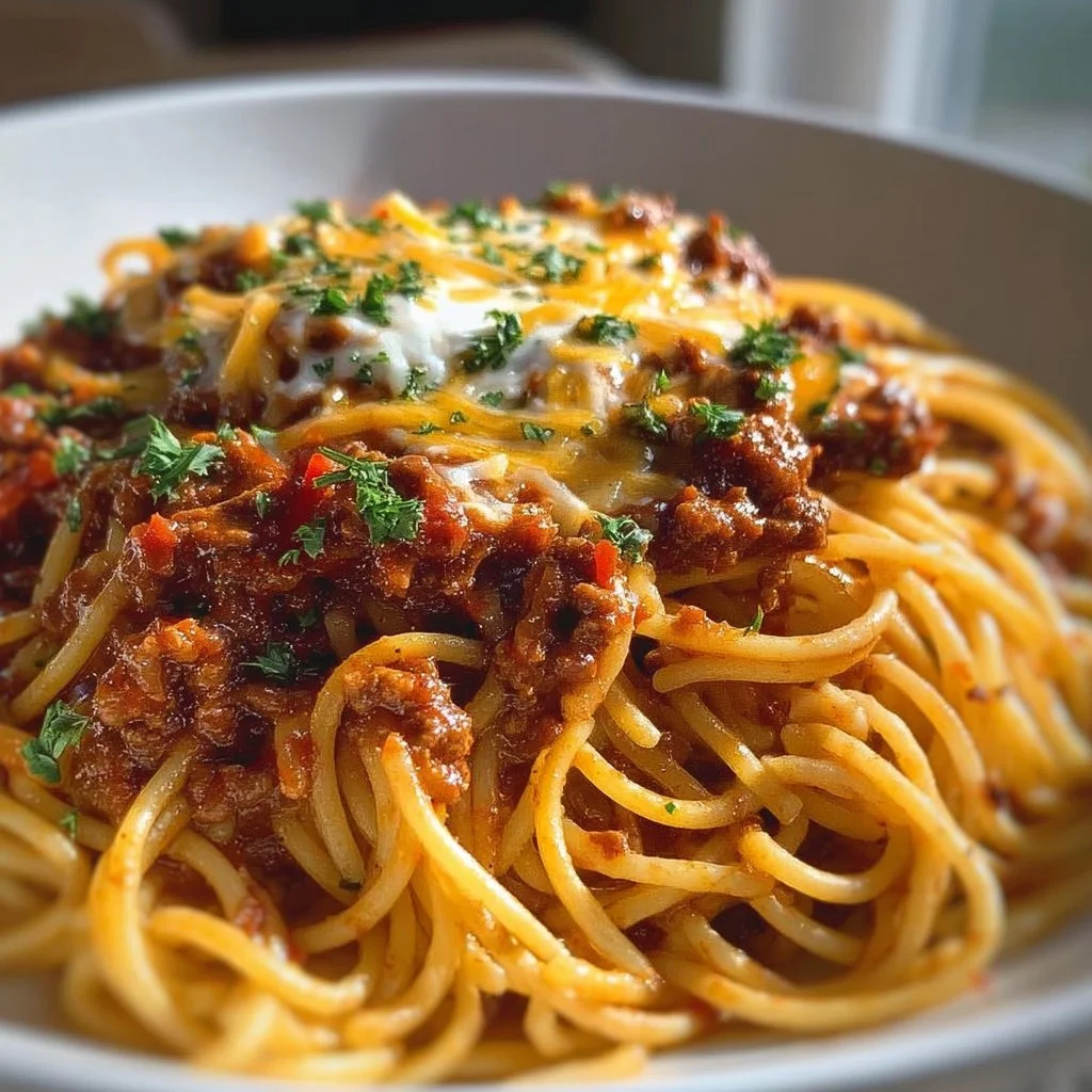 Delicious bowl of Chili Spaghetti topped with cheese and herbs