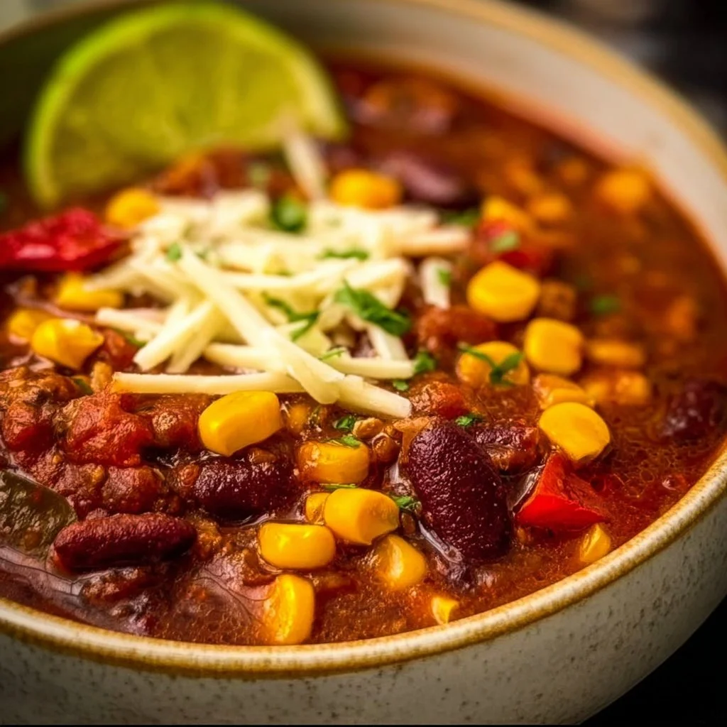 Delicious Chili with Corn served in a bowl, garnished with fresh herbs.