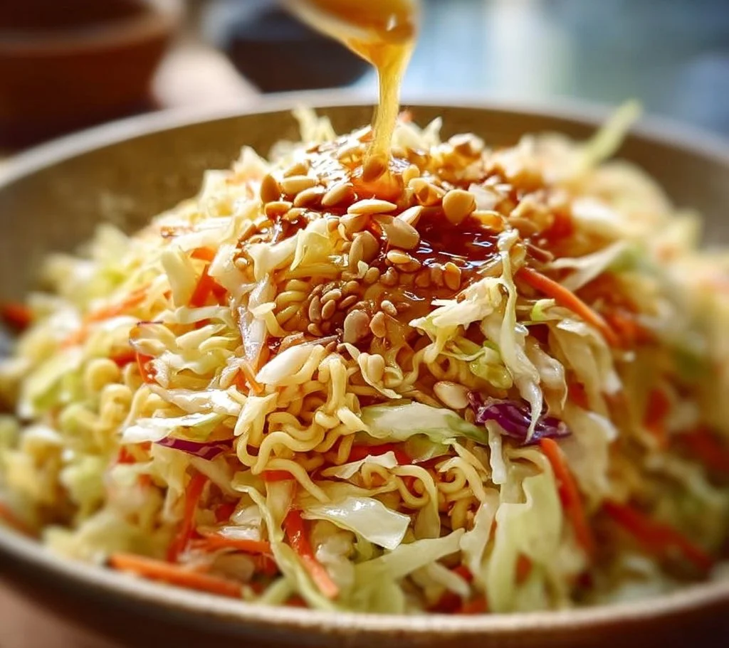 Bowl of Chinese coleslaw with ramen noodles, garnished with sesame seeds.