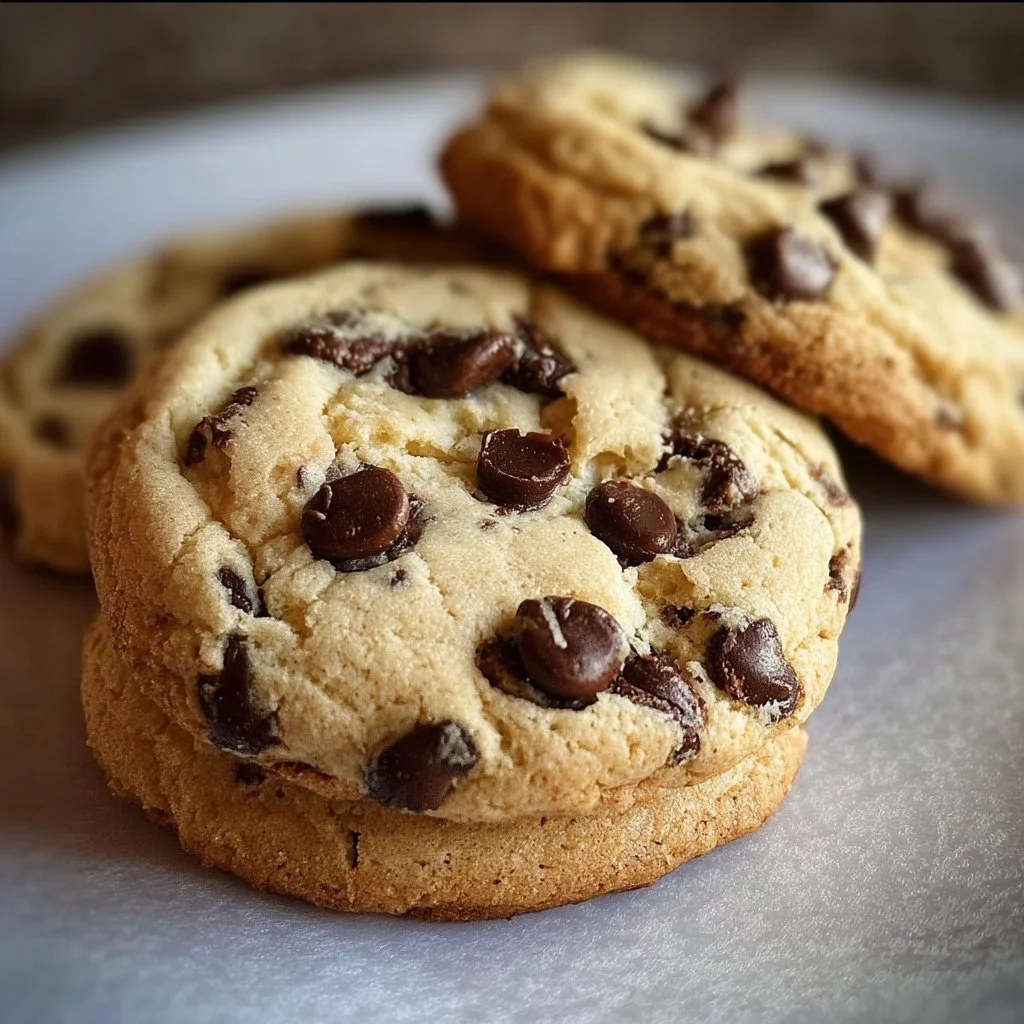 Chocolate chip cheesecake cookies stacked on a plate