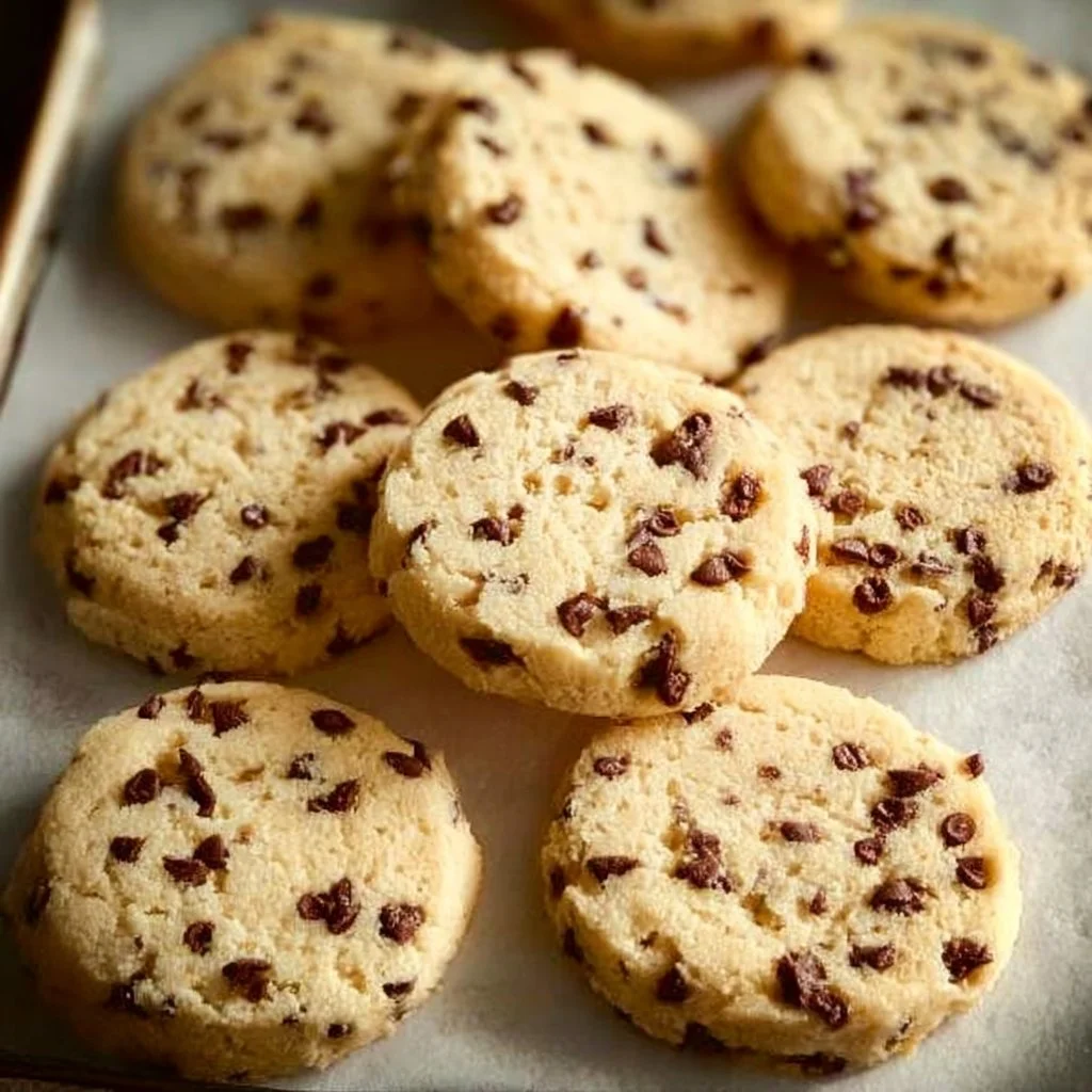Delicious Chocolate Chip Shortbread Cookies on a plate decorated with chocolate chips