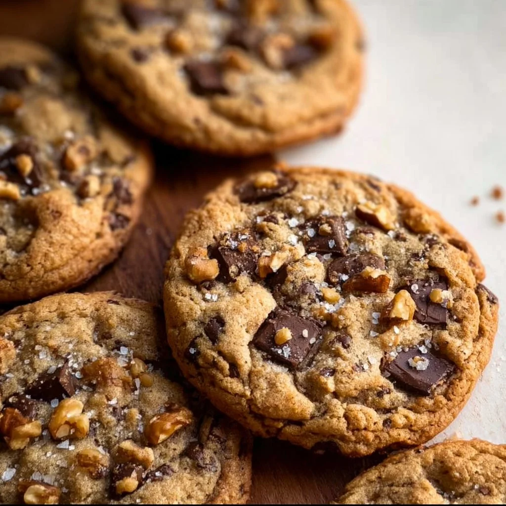 Chocolate chip walnut cookies fresh out of the oven, golden and delicious.