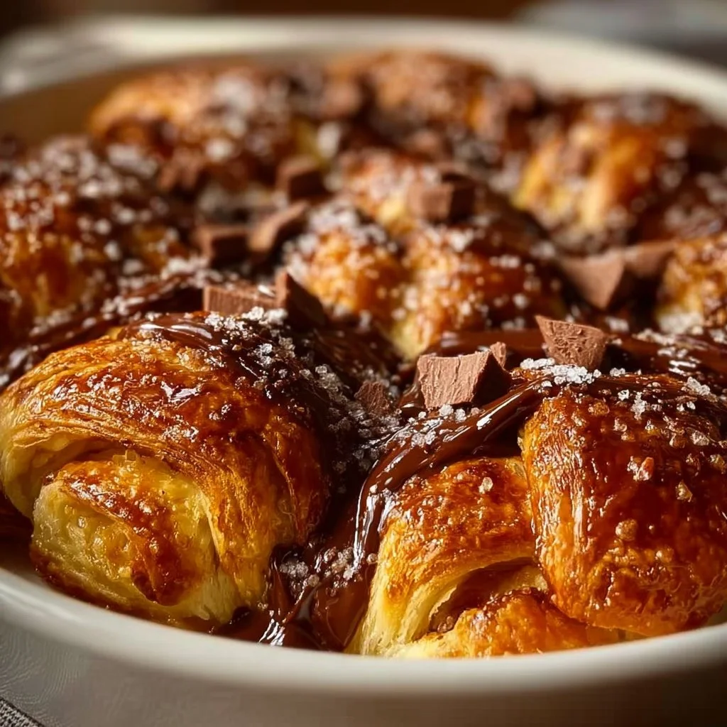 Delicious chocolate croissant breakfast bake with melted chocolate and flaky pastries.