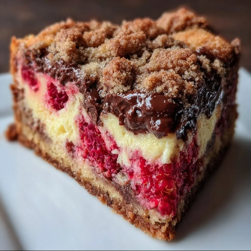 Delicious Chocolate Raspberry Cheesecake Crumb Cake with rich chocolate and fruity raspberry layers