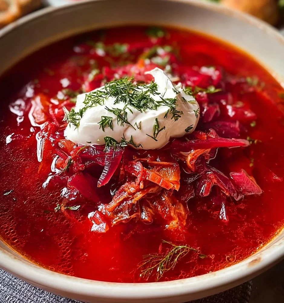 Bowl of classic borscht garnished with sour cream and fresh dill