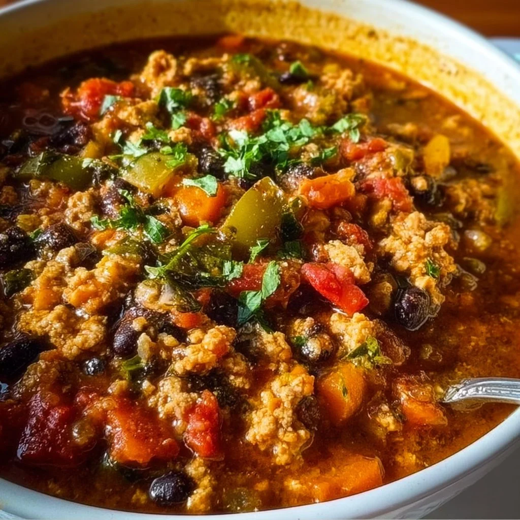 Bowl of clean eating ground chicken chili topped with fresh herbs and spices