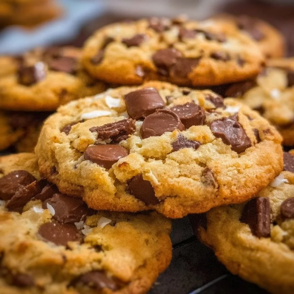 Freshly baked coconut chocolate chip cookies on a cooling rack.
