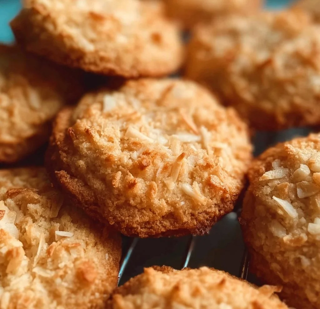 A plate of freshly baked coconut cookies with a golden brown exterior.