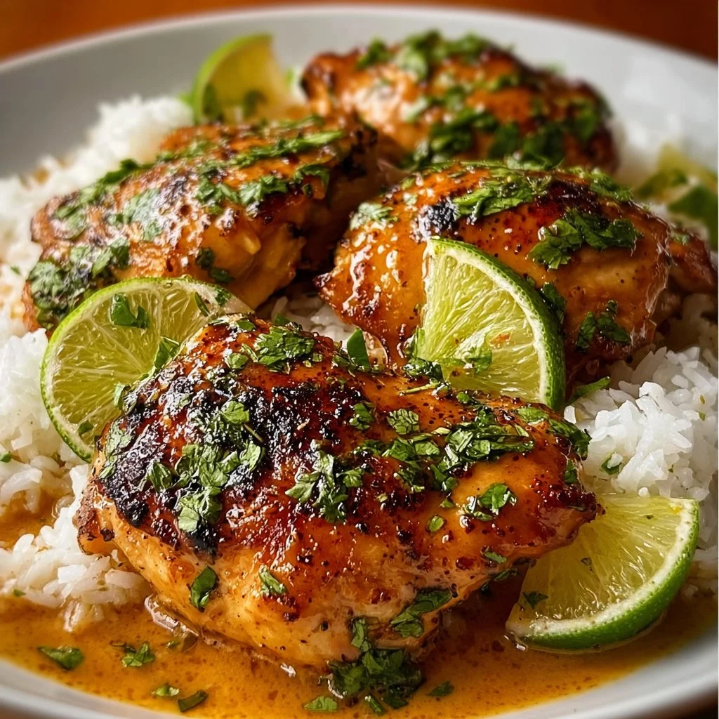 Coconut Lime Chicken Thighs garnished with lime slices and fresh herbs