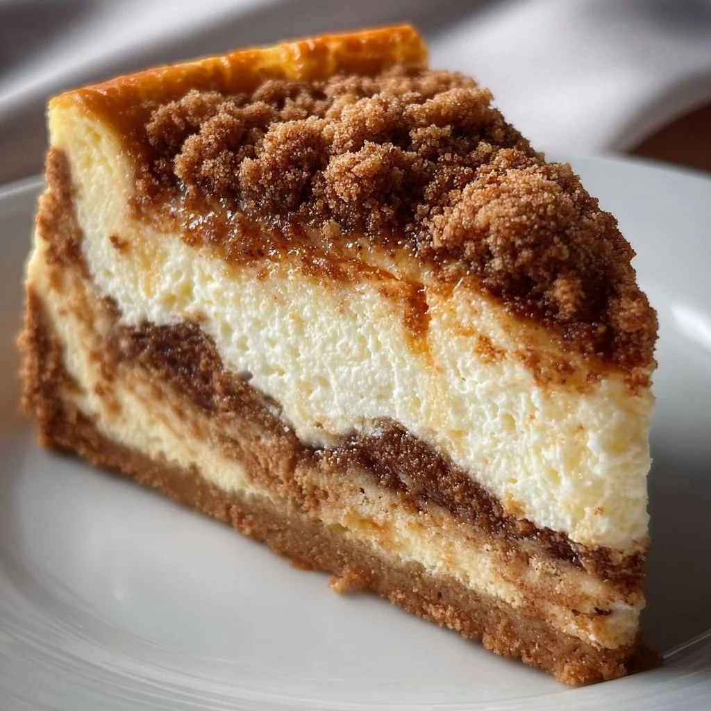 Delicious coffee cake cheesecake topped with cinnamon sugar and crumbly mix
