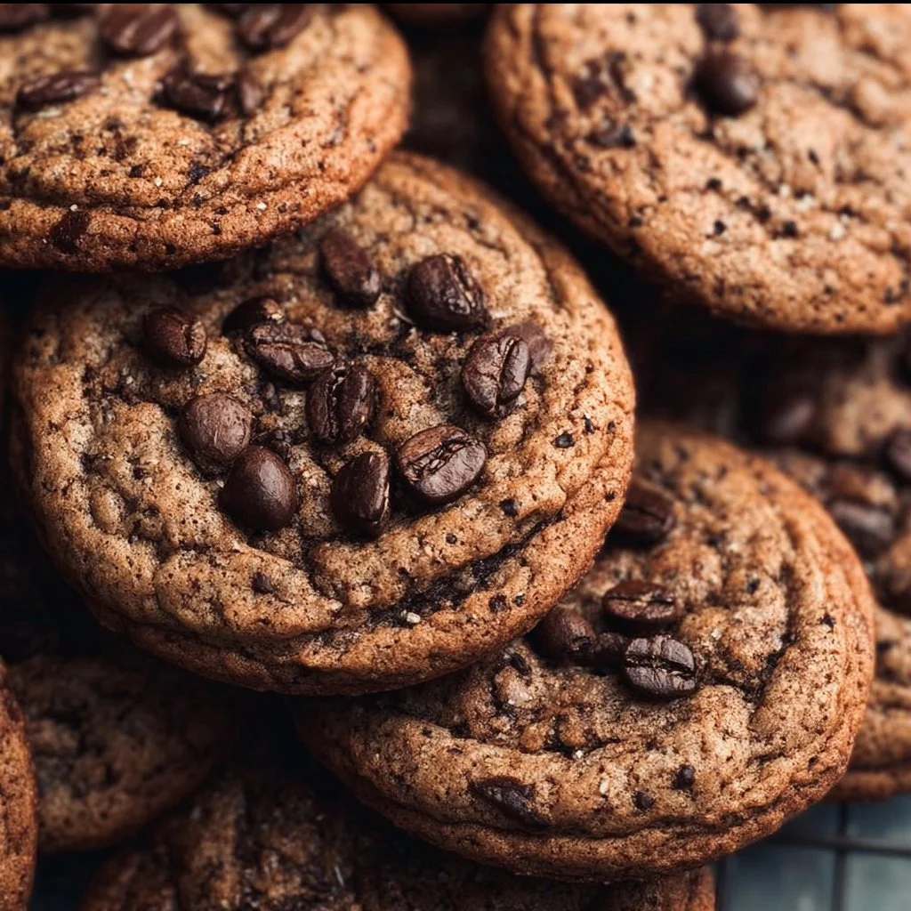 Freshly baked coffee cookies with chocolate chips and coffee flavor