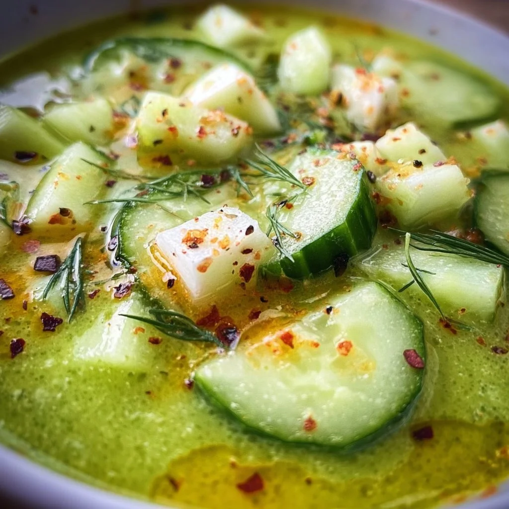 Bowl of cold cucumber soup garnished with fresh herbs and cucumber slices