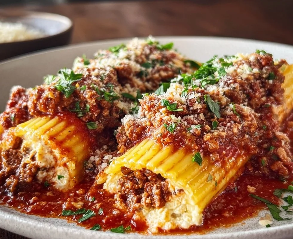 Delicious stuffed manicotti with meat sauce served on a plate.
