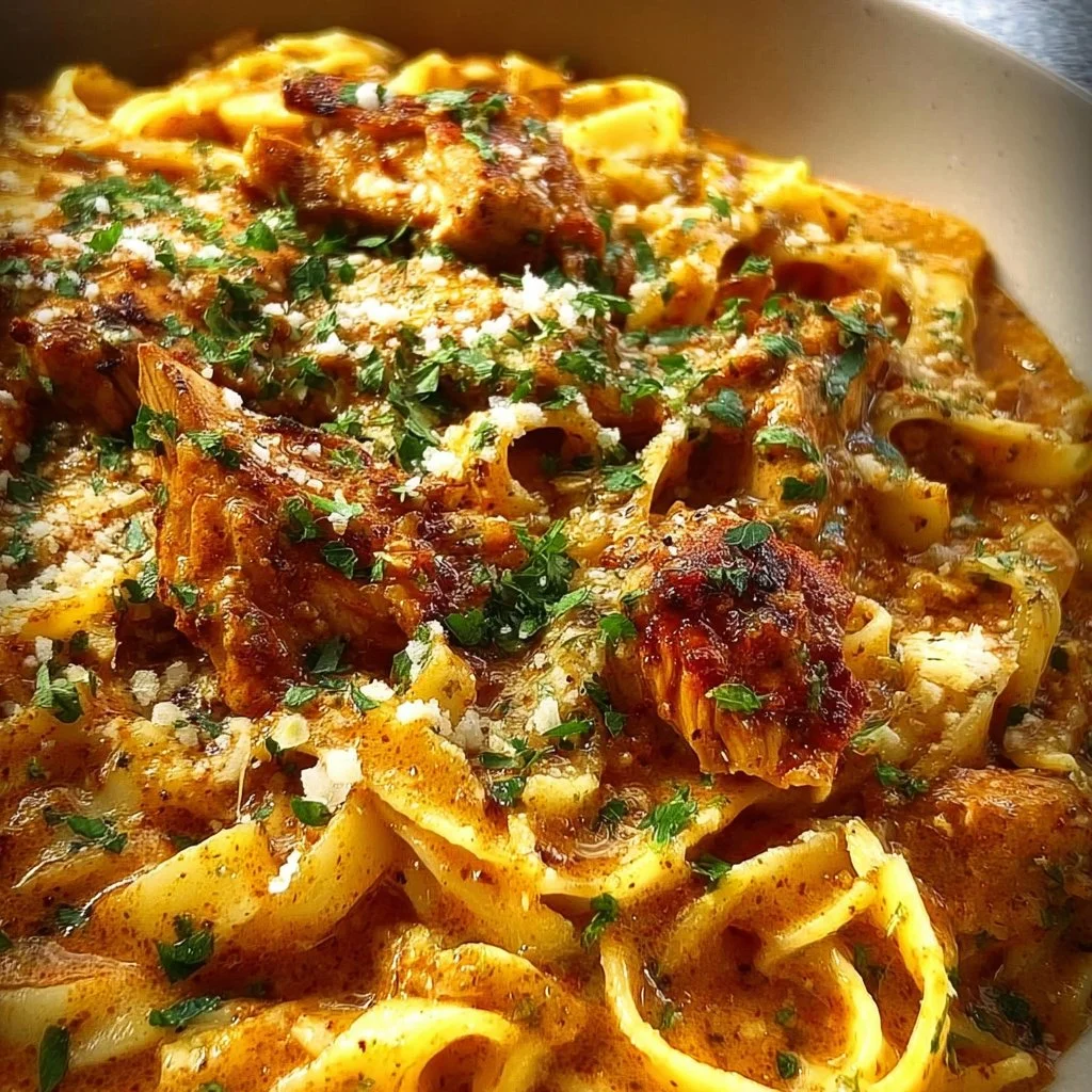 Creamy Cowboy Butter Chicken Linguine garnished with herbs and spices