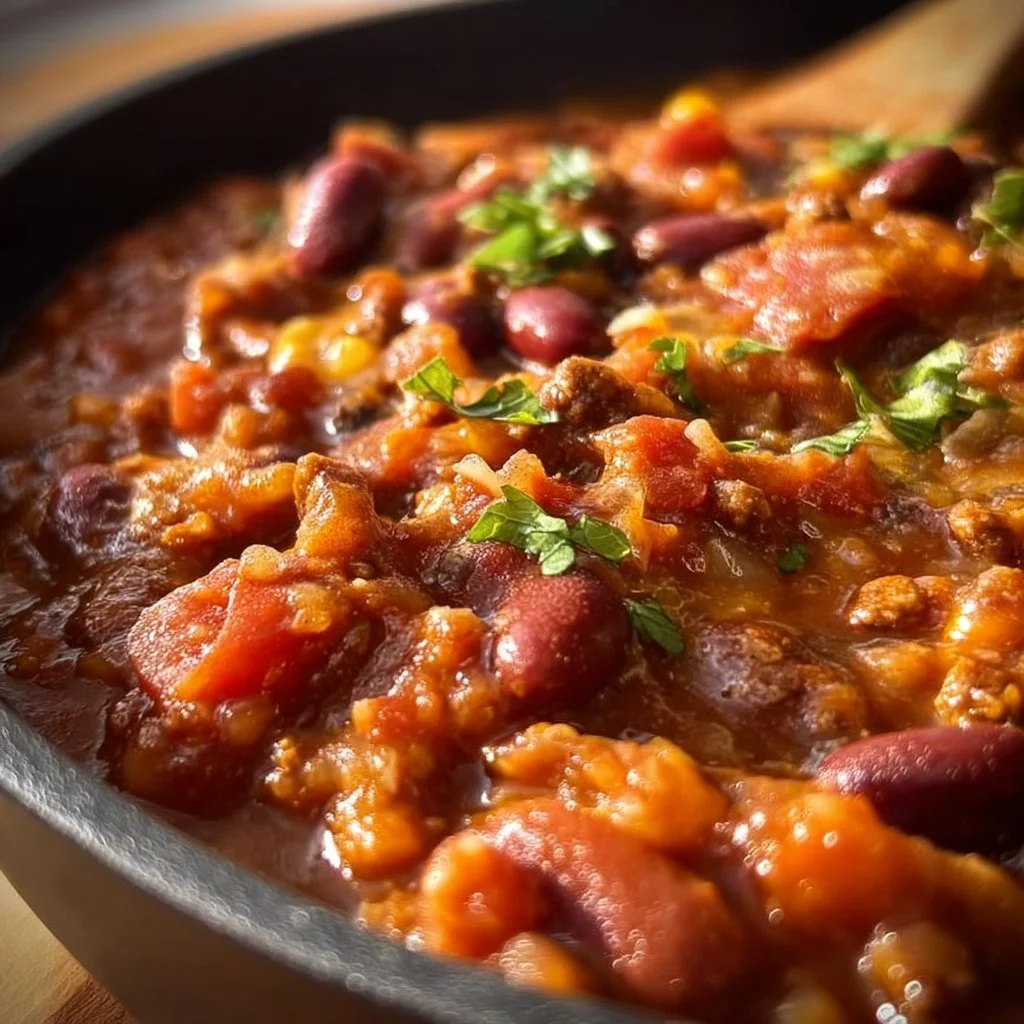 Delicious Cowboy Chili served in a rustic bowl with fresh toppings