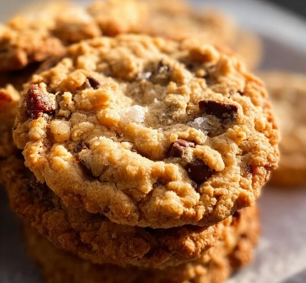 Freshly baked Cowboy Cookies with chocolate chips and nuts on a wooden table.