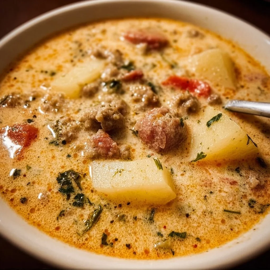 Bowl of cozy Italian sausage and potato soup garnished with fresh herbs