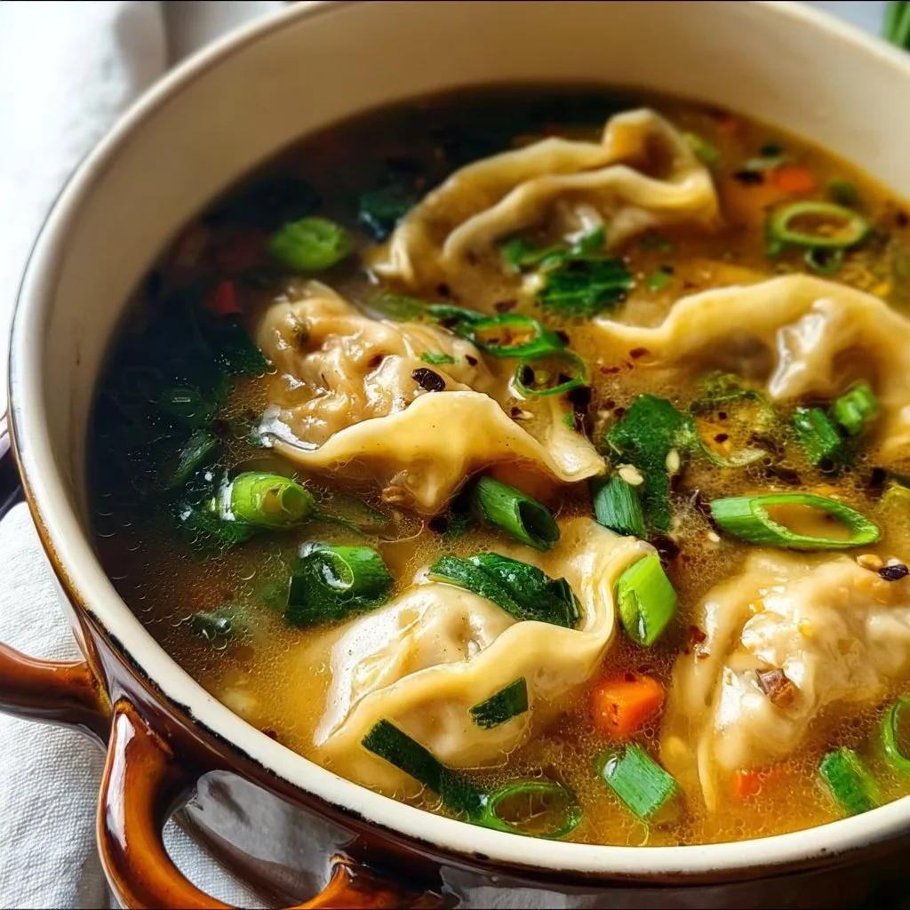 Bowl of cozy potsticker soup with dumplings and green onions