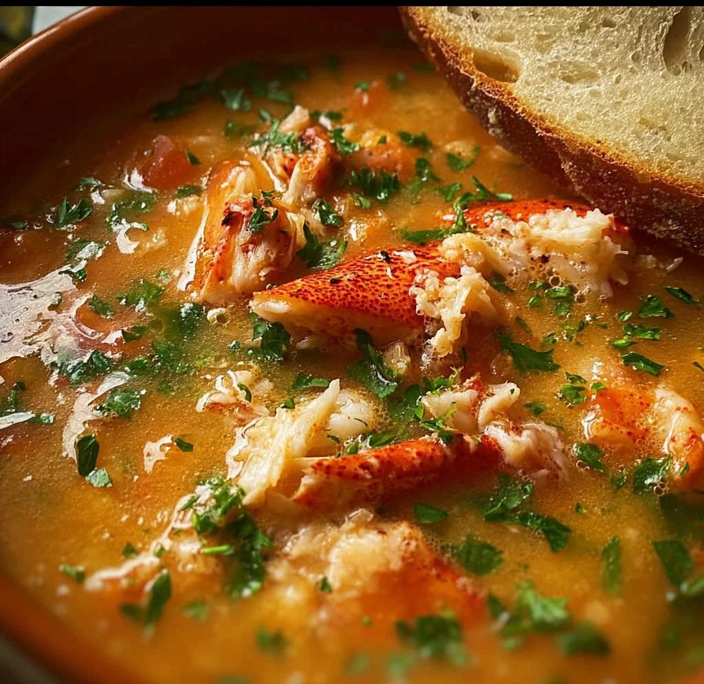 Bowl of homemade crab soup garnished with herbs and spices.
