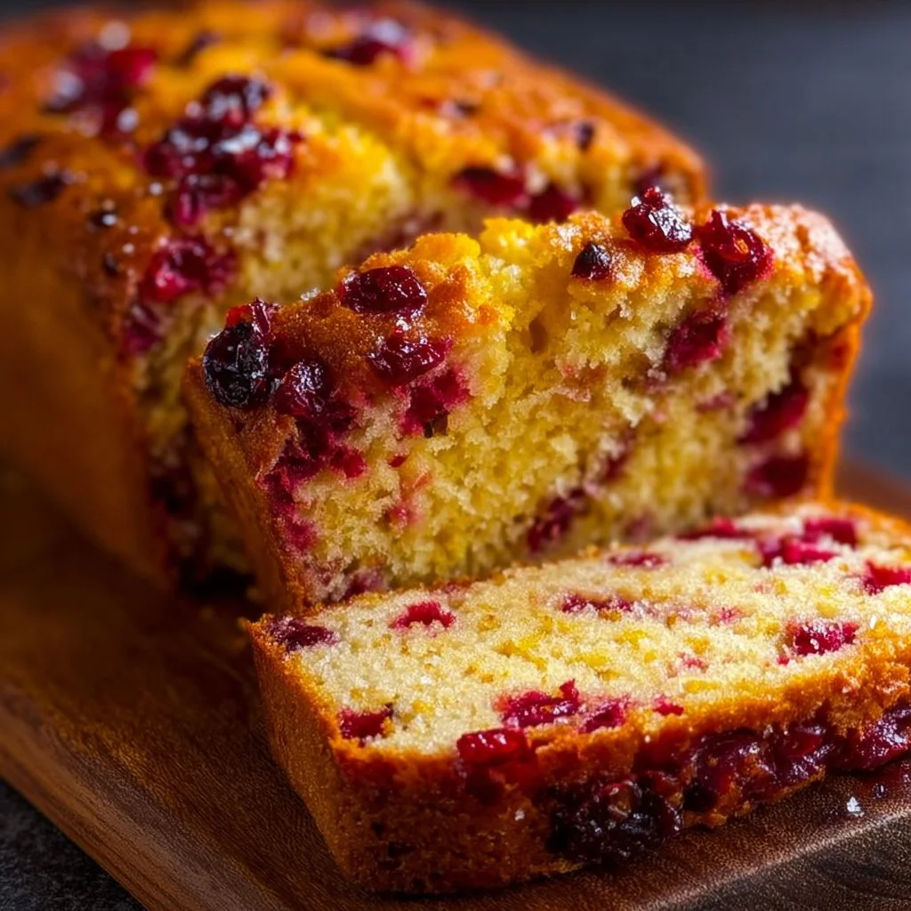 Freshly baked Cranberry Orange Bread with citrus glaze on rustic wooden table