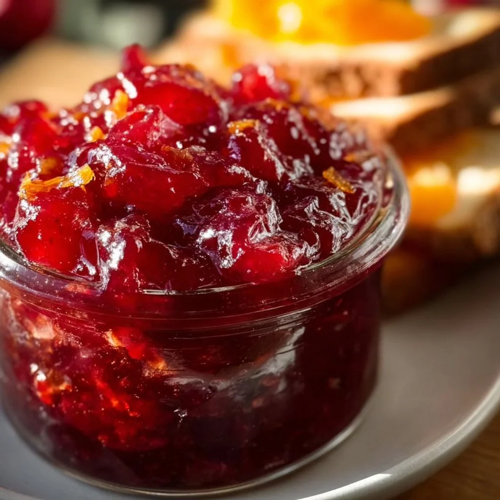 Jar of homemade Cranberry Orange Marmalade with fresh cranberries and oranges.