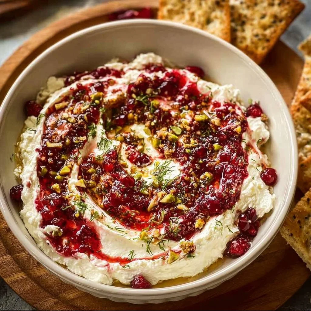 Cranberry Whipped Feta Dip served with crackers and herbs