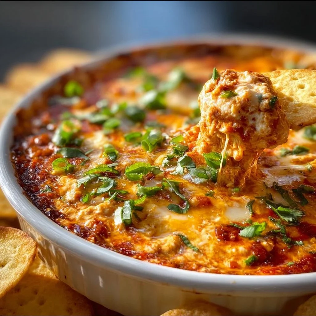Delicious cream cheese chili dip served in a bowl with tortilla chips