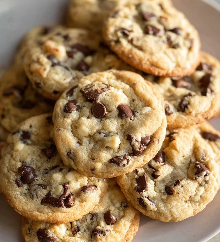 Cream cheese chocolate chip cookies on a white plate