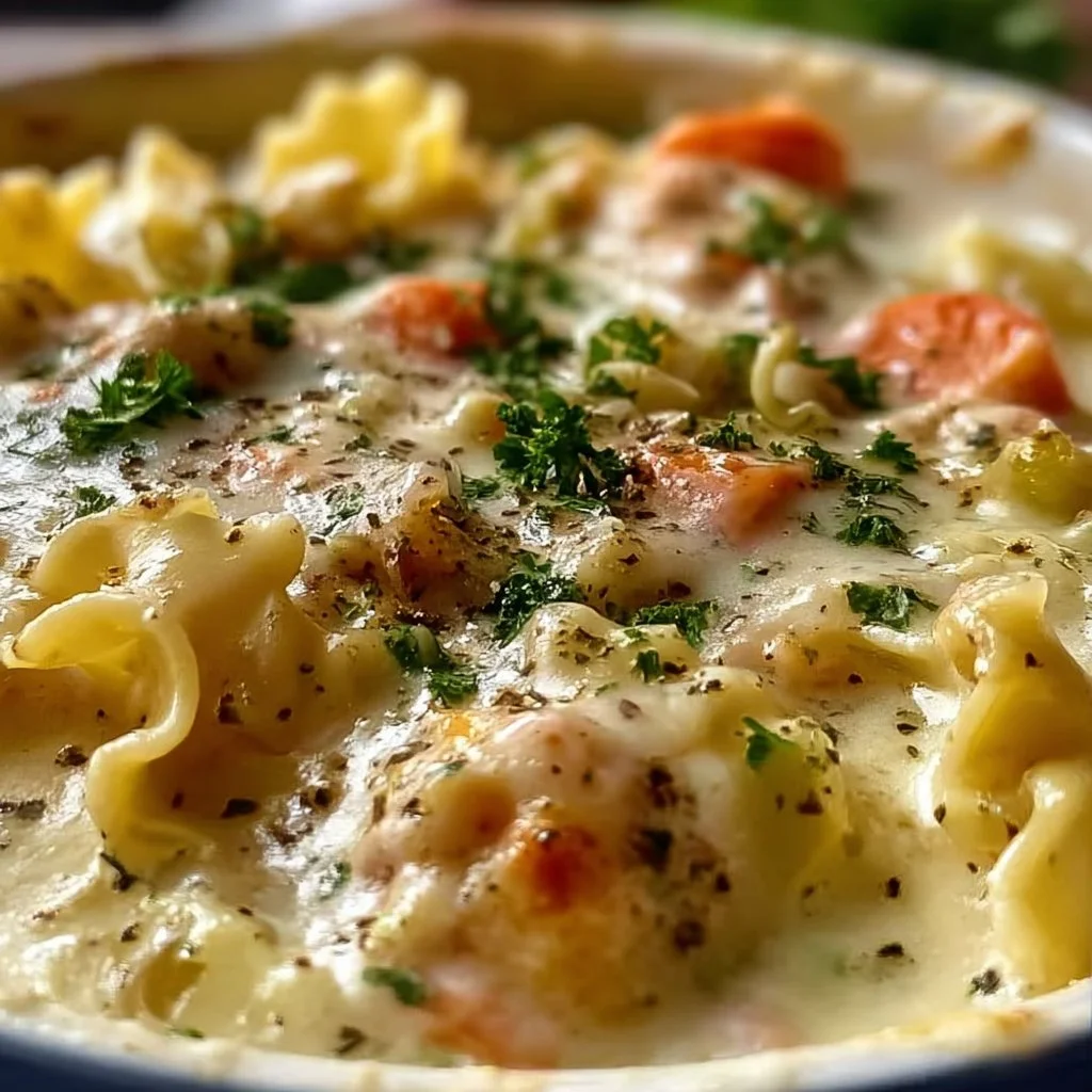 Creamy Alfredo Lasagna Soup served in a bowl with herbs and cheese