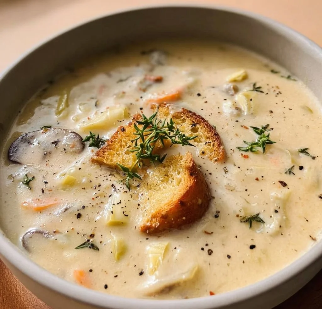 Bowl of creamy artichoke soup garnished with herbs.