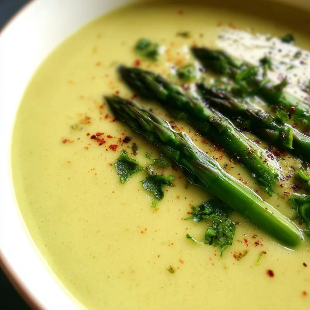 Bowl of creamy asparagus soup garnished with fresh herbs