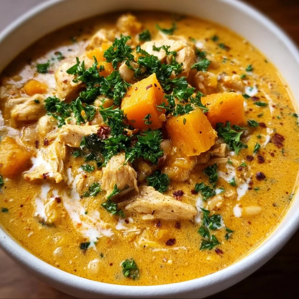 Creamy butternut squash chicken chili served in a bowl