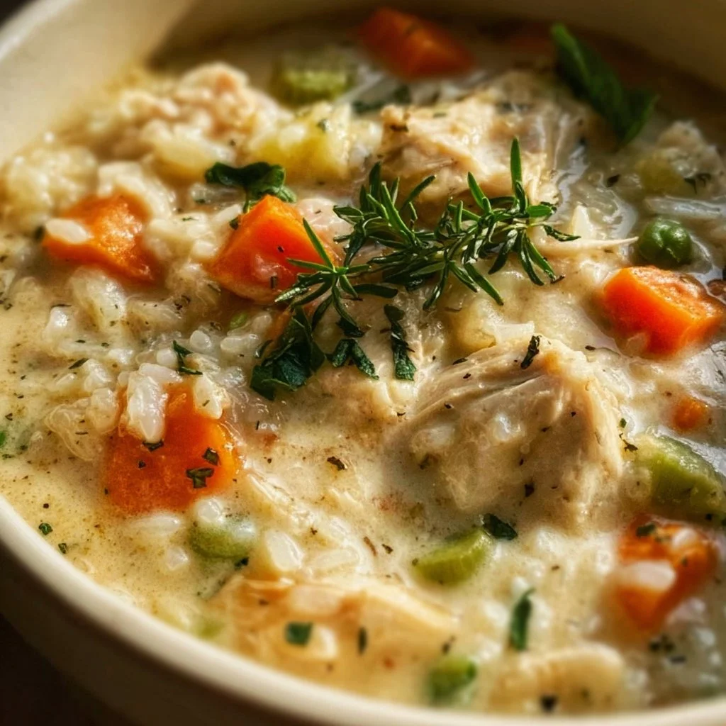 Creamy chicken and rice soup in a bowl garnished with herbs