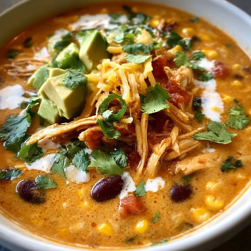 Bowl of creamy chicken enchilada soup topped with cheese and cilantro