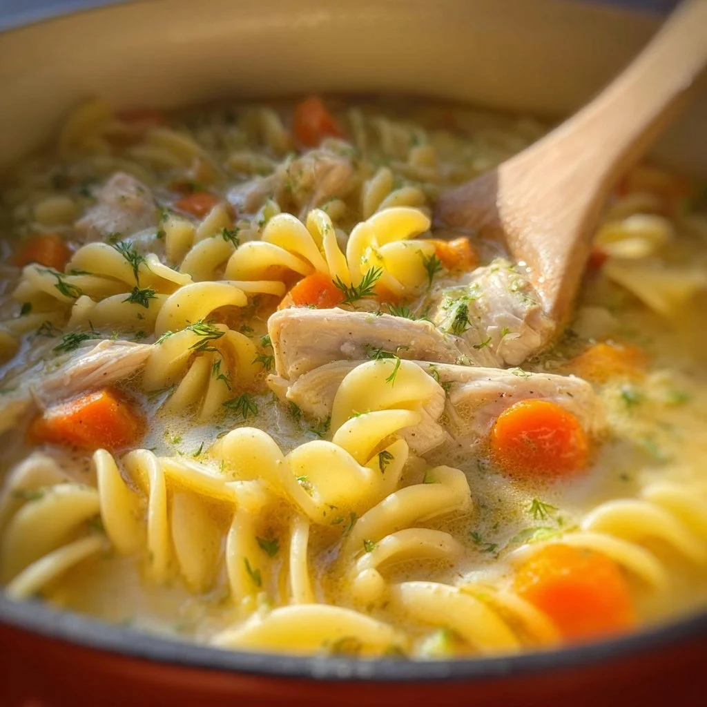 Bowl of creamy chicken noodle soup with vegetables and herbs
