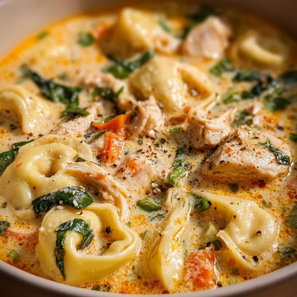 Creamy chicken tortellini soup in a bowl, garnished with herbs.