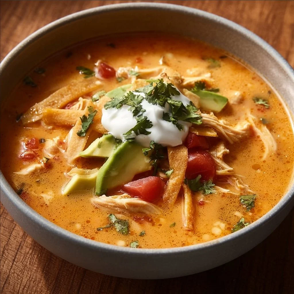 Creamy chicken tortilla soup garnished with tortilla strips and cilantro