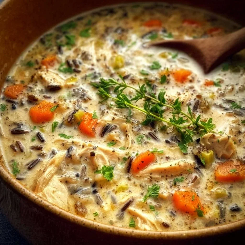 Bowl of creamy chicken wild rice soup garnished with herbs and served hot.