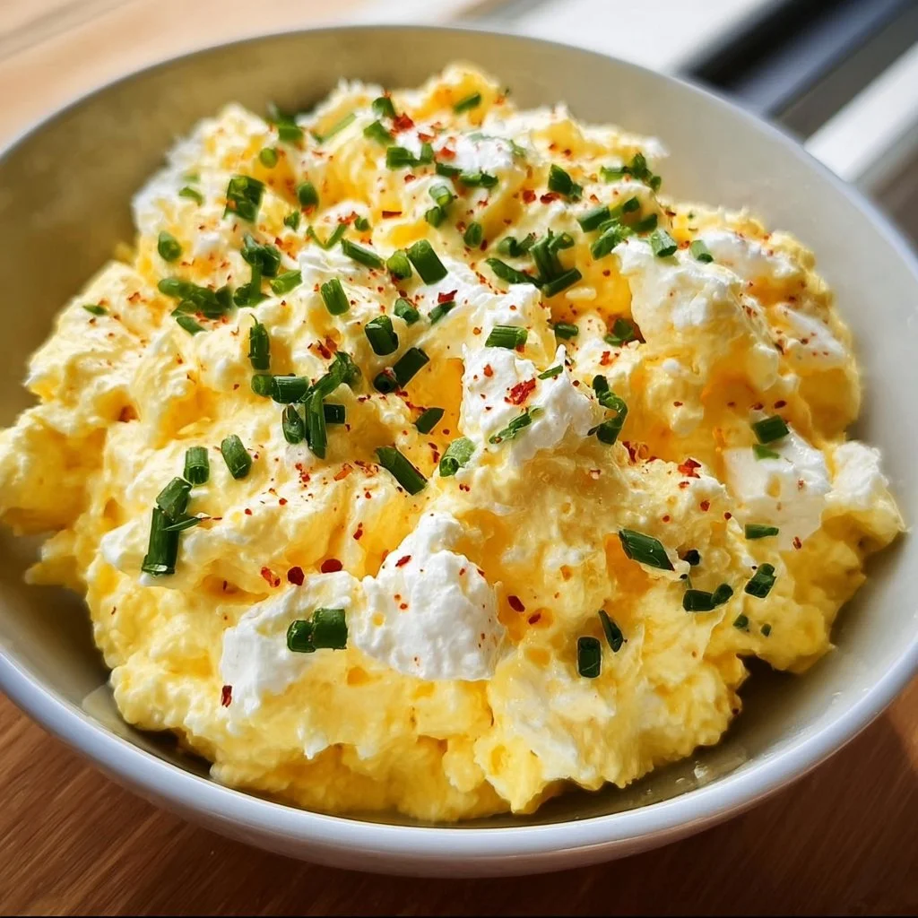 Creamy cottage cheese egg salad served in a bowl with herbs