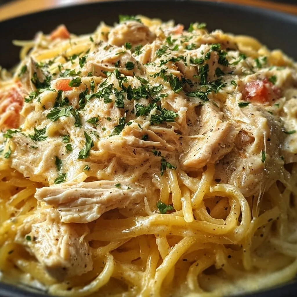 Creamy crockpot chicken spaghetti served in a bowl with toppings