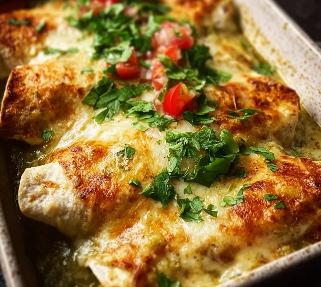 Creamy green chile chicken enchiladas topped with cheese and green sauce