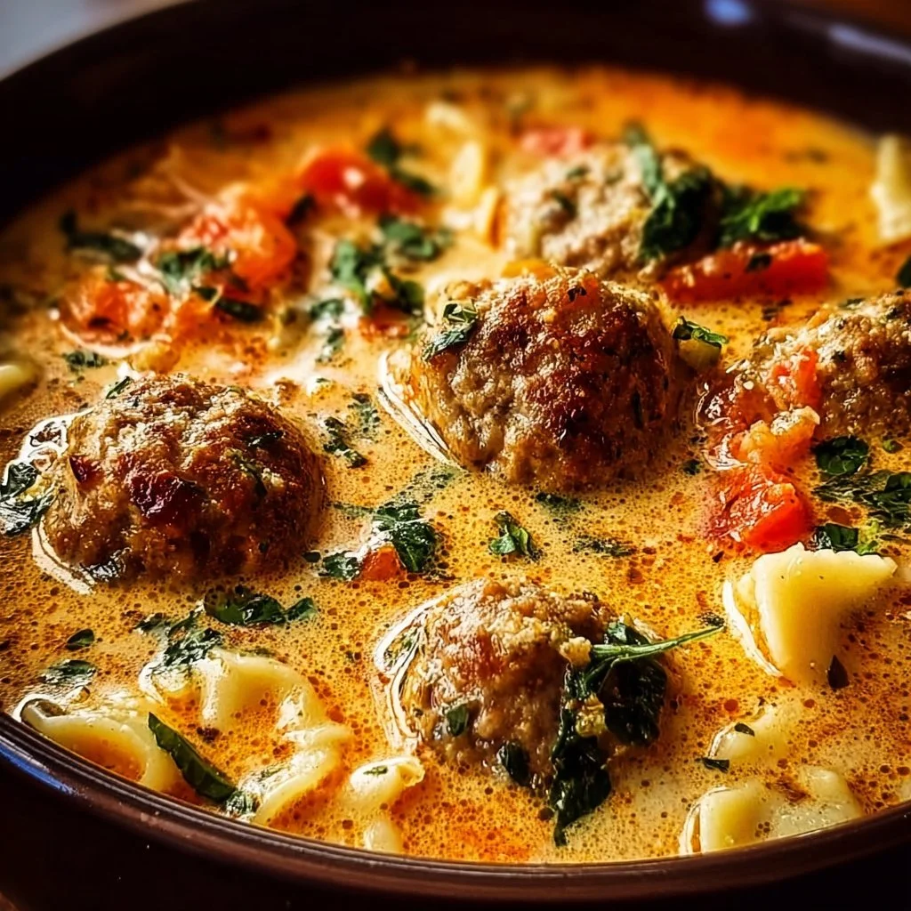 A bowl of creamy Italian meatball soup garnished with herbs.