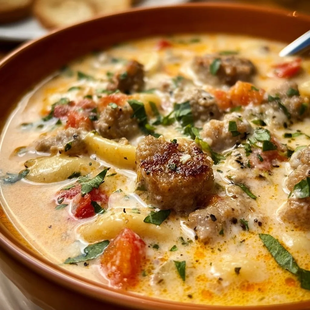 Creamy Italian Sausage Soup with vegetables and herbs served in a bowl.